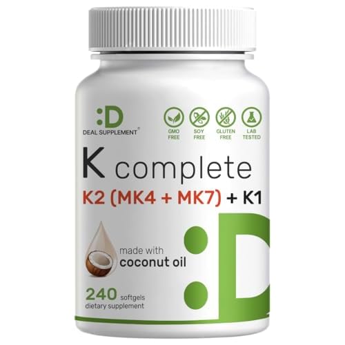 DEAL SUPPLEMENT Vitamin K Complete - 240 Coconut Oil Softgels | High Potency Vitamin K2 (MK-7 and MK-4) & K1 | Full Spectrum Triple Vitamin Ｋ | Bone
