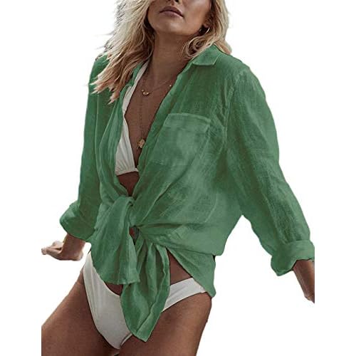 Bsubseach Women Long Sleeve Beach Shirt Blouses Bathing Suit Cover Up Button Down Collar G-green