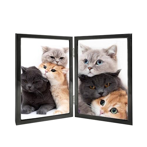 4x6 Picture Frame Double Hinged Black Metal Thin Edge Frame with High Definition Glass Front Folding Frames Stand Vertically on Tabletop,Black Black 4