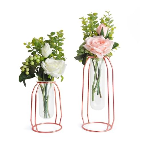 FSyueyun Rose Gold Flower Vase for Home Decor with Metal Rack, Gold Glass Vases for Centerpieces Bud Vases Planters for Home or Party Wedding Table De
