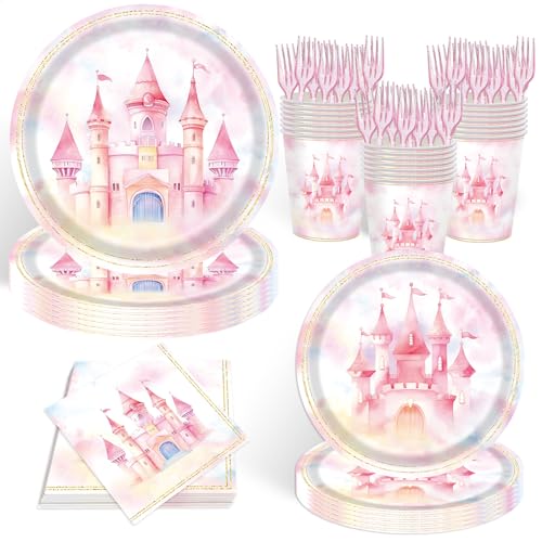 Princess Castle Birthday Party Dinner Plates 9" Dessert Plates 7" Cups Napkins Forks, Watercolor Fairytale Princess Baby Shower Tableware Serve 24 Gue