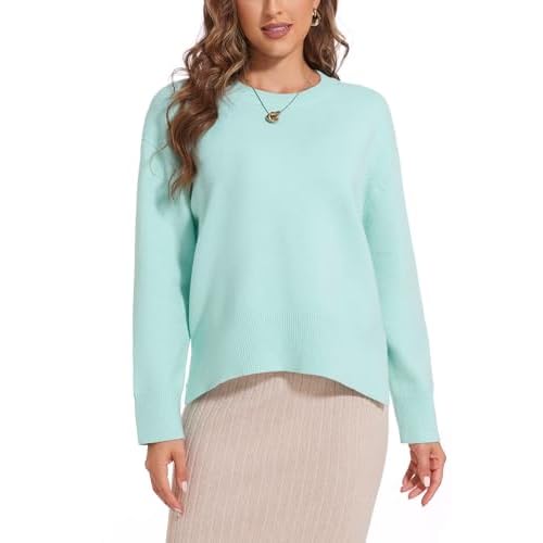 Women's Crewneck Long Sleeve Sweaters 2024 Fall Winter Loose Casual Ribbed Knit Side Slit Pullover Tops Aqua Blue Medium