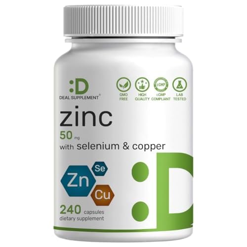 Deal Supplement Zinc 50mg with Selenium + Copper, 240 Capsules, 8 Month Supply, 3 in 1 Mineral Formula, Zinc Picolinate Complex Supplement, Supports H