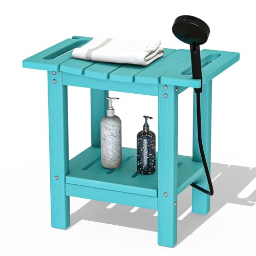 HDPE Shower Stool for Bathroom - 2-Tier Storage Shelf Waterproof Shower Bench Wood Texture - Shaving Stool for Inside Shower, Bathtub, or Spa, Durable