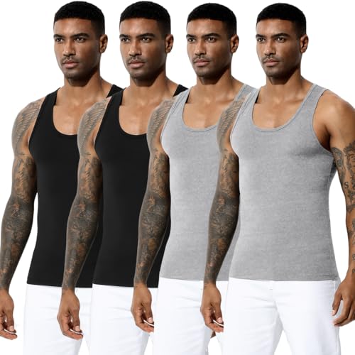 Arjen Kroos Men's Workout Tank Top 4 Pack Muscle Sleeveless Gym Shirts Activewear Slimming Vest Undershirts Black*2+grey*2 X-Large