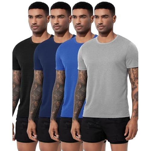 Arjen Kroos Men's Quick Dry Fit Running T-Shirts 4 Pack Activewear Gym Shirts Breathable Workout Undershirts Black-Grey-Blue-Dark Blue Medium