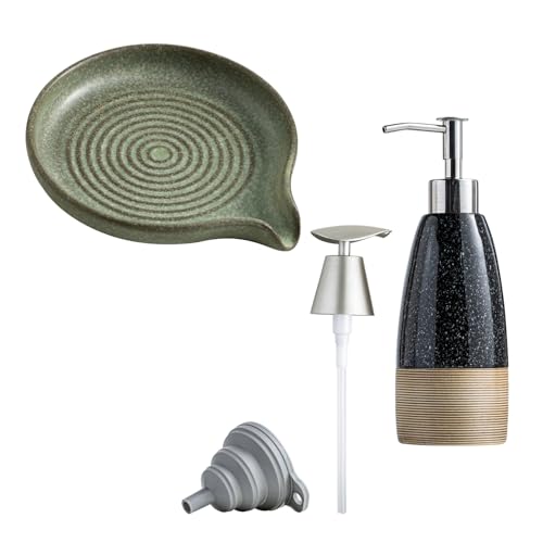 Ceramic Shower Soap Dish with Waterfall Design & 12 oz Dish Soap Dispenser with 2 Pumps, Ceramic Hand Soap Bottle for Shampoo