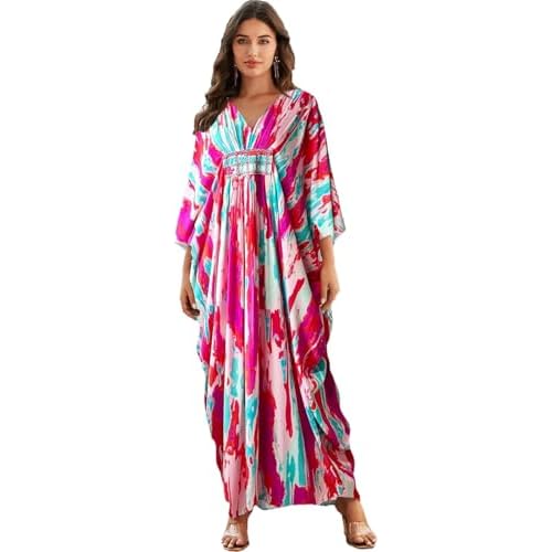 LOUSEA Ethnic Print Momo Dresses for Women Vneck Tie Dye Swimsuit Cover Ups Colorful Lougewear Dress One-Piece Beach Dress Pint4 One Size