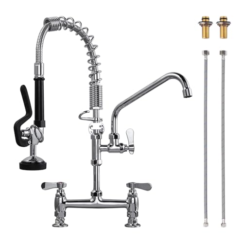 Commercial Kitchen Faucet Deck Mount with Pre-Rinse Sprayer 21" Height Kitchen Sink Faucet 8 Inch Center with 10" Add-on Swing Spout Faucet & Coiled S