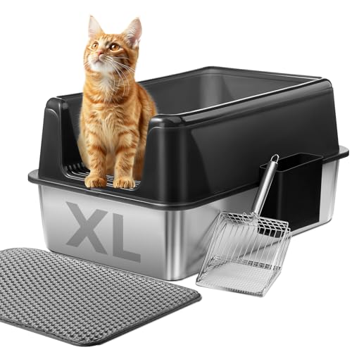 Marchul Stainless Steel Cat Litter Box with High Walls & Metal Scoop-Mat-Scoop Holder, XL Large for Multi-Cat Homes, Anti-Urine Leakage for Heavy Flow