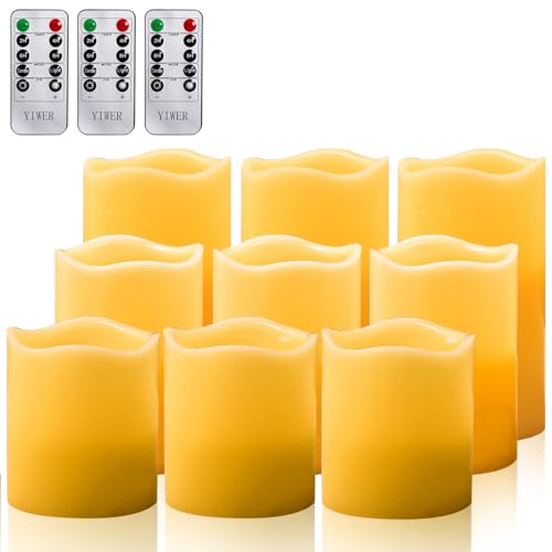 YIWER Wax Flameless Candles, Battery Operated Candle with 10-Key Remote and Time Flickering Light Ivory Pillar Fake Decor for (D3.15 x H 4"-5"-6",9-Pa