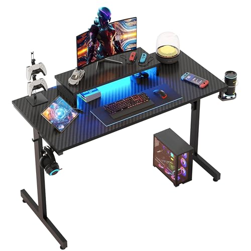 Bestier 42 inch Gaming Desk with LED Lights, Small Computer Gaming Table with Monitor Shelf, Gamer Desk with Headphone Hook, Kids Boys Computer Table