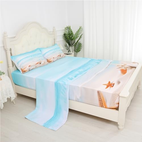 Beach Bed Sheets Set Twin Fitted Sheets Coastal Nature Theme Pattern Teal Flat Sheet Boys Girls Hawaiian Top Sheet Starfish Sheet Set 1 Pillowcase, Bl