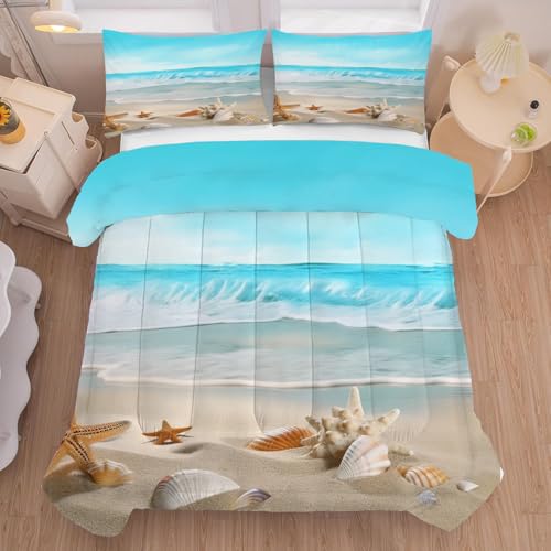 Beach Comforter Set Queen, Ocean Hawaiian Starfish Bedding for Boys Girls Women Teen Bedroom, Coastal Nature Theme Pattern Qulit Sets, 1 Comforter, 2