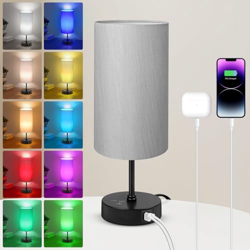 Unicozin Small Table Lamp, 7 RGB & 3 CCT 3000K-4500K-6500K, Stepless Dimmable Bedside Lamp with Grey Shade, Touch Control Ambience Nightstand Light fo