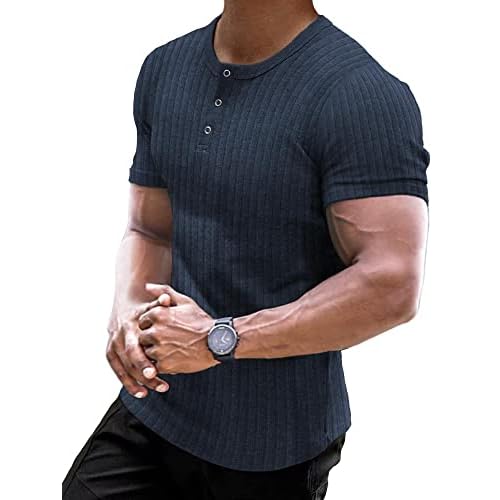 Muscle Cmdr Men's Ribbed Henley Shirt Short Sleeve Slim Fit Muscle Shirt Fitted Cotton Casual Long Sleeve Small 01blue_short