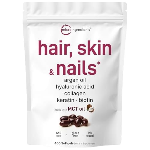 Micro Ingredients Hair Skin and Nails Vitamins for Women & Men | 400 Softgels with MCT Oil | 22-in-1 Argan Oil, Hyaluronic Acid, Collagen, Keratin & B
