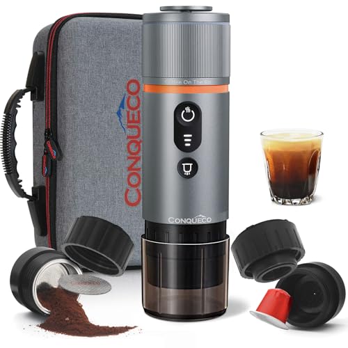 CONQUECO Portable Espresso Machine Travel: 12v Car Coffee Maker with Battery for Camping - Small Electric - 2.5 Mins Heating - Set With Ground Coffee