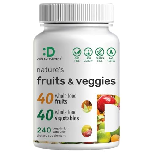 Nature’s Fruits & Veggies Supplement, 240 Veggie Capsules – 80 Whole Food Superfoods for Daily Balance – 40 Fruits with 40 Vegetables and Greens