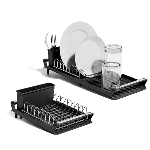 Dish Drying Rack with Drainboard Set, Extendable Dish Rack, Compact Dish Drainer,Utensil Holder, Cup Holder, Drying Rack for Kitchen Sink (Black)
