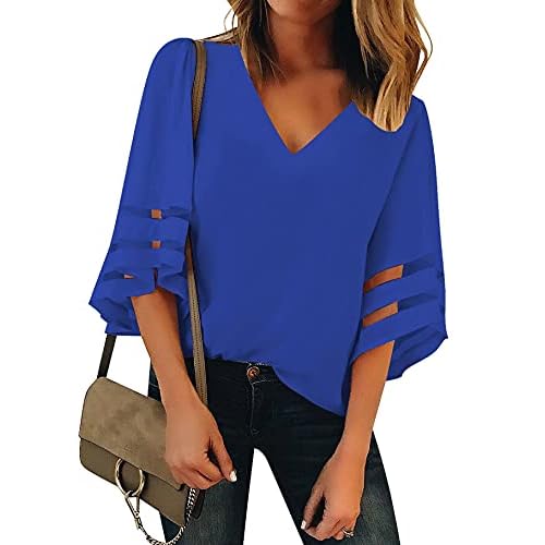 luvamia Women's Casual V Neck Blouse 3-4 Bell Sleeve Mesh Panel Shirts Loose Top Small C Lapis Blue