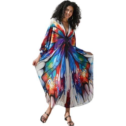 Wave Neck Swimsuit Cover Up Caftan Dress - Plus Size, Oversized, Long Beach Dress 8774-2 Colorful Butterfly X-Large