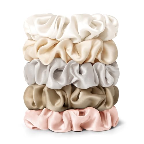 LILYSILK Silk Hair Scrunchies Ties 100% Mulberry Elastic Ponytail Holder for Frizz & Breakage Prevention 5PC (ivory+light coffee+pale pink+coffee+grav