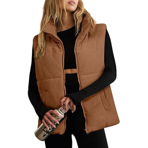 Women Quilted Puffer Vest Sleeveless Jacket Zip Up Stand collar Lightweight Outerwear with Pocket 2025 Trendy Corduroy Brown Medium