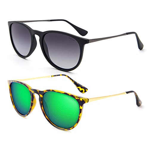 ANDOILT Vintage Polarized Sunglasses for Women Men UV Protection Retro Round Mirrored Lens D6 2pcs Black Frame Grey Gradient Lens + Amber Frame Green