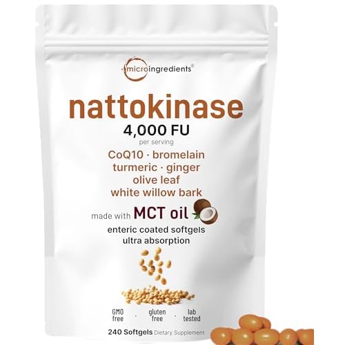 Micro Ingredients Nattokinase 4,000 FU Equivalent, 240 Enteric Coated Softgels with MCT Oil | 7-in-1 Ultra Absorption Cardiovascular Supplement with C