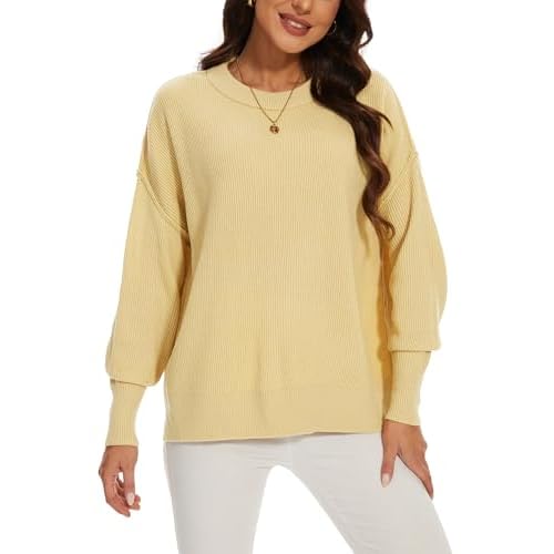 Women's Crewneck Long Sleeve Oversized Sweaters 2024 Fall Side Slit Ribbed Knit Pullover Sweater Tops Apricot Small