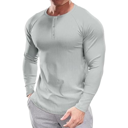 Muscle Cmdr Men's Stretch Henley T Shirts Slim Fit Short & Long Sleeve Casual Stylish Tee Business Top A-grey Large
