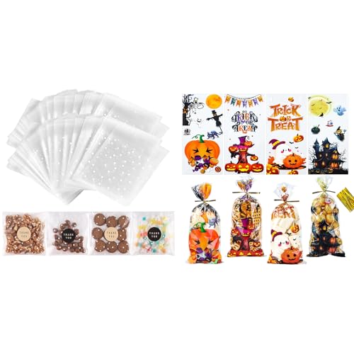 Bundle of 200PACK Self Adhesive Cookie Bags and Halloween Treat Bags with Ties for Party Favors, Bakery, Candy, Popcorn