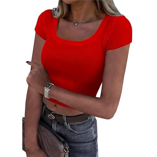 iGENJUNWomen's Summer Scoop Neck Short Sleeve T-Shirts Ribbed Knit Slim Fitted Casual Basic Top