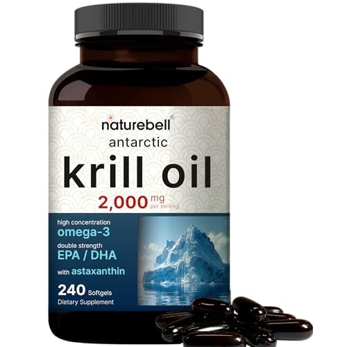 Antarctic Krill Oil 2000mg Supplement, 240 Softgels, 3X Strength Natural Source of Omega-3s, EPA 240mg + DHA 160mg + Astaxanthin 800mcg – No Fishy A