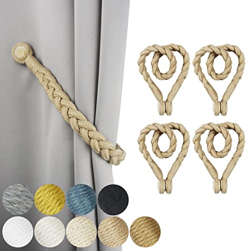 4 Pack Magnetic Soft Curtain Tiebacks Cotton Hand-Woven Tieback Holdback Home Decorative Tie Backs with Wooden Buckle for Home Office Decor (Dark Beig