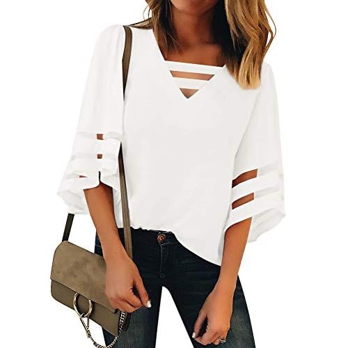 luvamia Women Casual Strappy V Neck Blouse 3-4 Bell Sleeve Mesh Panel Shirts Top XX-Large A Bright White
