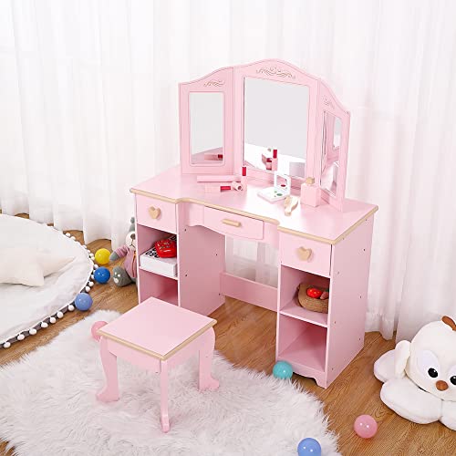 Garvee Girls' Vanity Table and Stool Set, Kids Makeup Dressing Table with Wood Makeup Playset Toy, Kids Vanity Set with Mirror & Drawer for Age 4-9, P