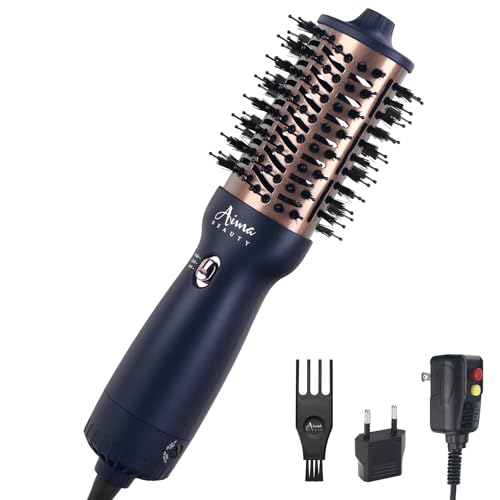 Aima Beauty Travel Hair Dryer Brush Dual Voltage Blow Dryer Brush Hot Air Brush Oval Barrel 360°Airflow for Smooth, Negative Ionic Frizz-Free Drying-