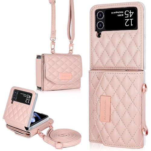 for Samsung Galaxy Z Flip 4 Wallet Case with Built-in Leather Cash Slot and Credit Card Holder, Adjustable Crossbody Strap, Hinge Protection for Women