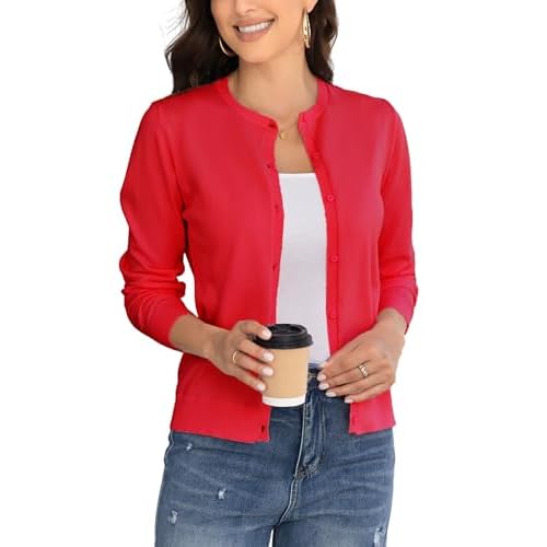 Women's Crew Neck Button Down Long Sleeve Cardigan for Women Classic Soft Knit Ladies Cardigan Sweater Coat Small Red