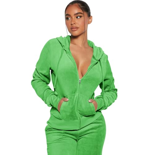 yidengymx Womens 2 Piece Velour Tracksuit Two Piece Soft Velvet Hooded Outfits for Women Small Hoodie-Jogger Pants-green