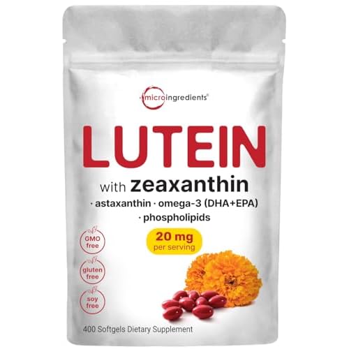Micro Ingredients Lutein & Zeaxanthin 20mg Softgels, 400 Count, with Astaxanthin, Omega-3s, & Phospholipids | Eye + Vision Health Vitamins | Third Par