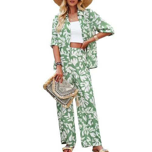 Women 2 Piece Outfits Short Sleeve Elastic Waist Tracksuit Set Loose Lounge Workout Pants Green Medium