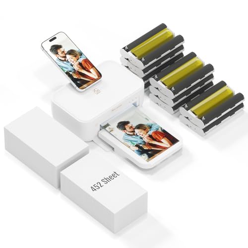 HPRT Photo Printer 4x6 with Photo Paper 452 Sheets and 9 Ribbon，Portable Photo Printers for Home Use Thermal Dye-Sublimation Printer（White）