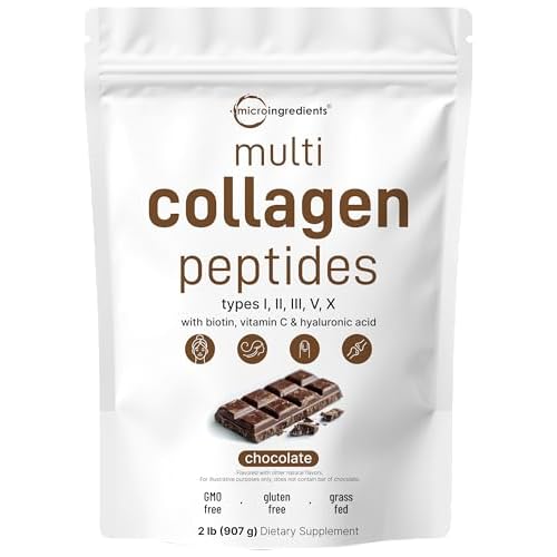 Micro Ingredients Multi Collagen Peptides Powder, 2lb | Type I, II, III, V, X + Biotin, Vitamin C & Hyaluronic Acid | Chocolate Flavor | Supports Hair