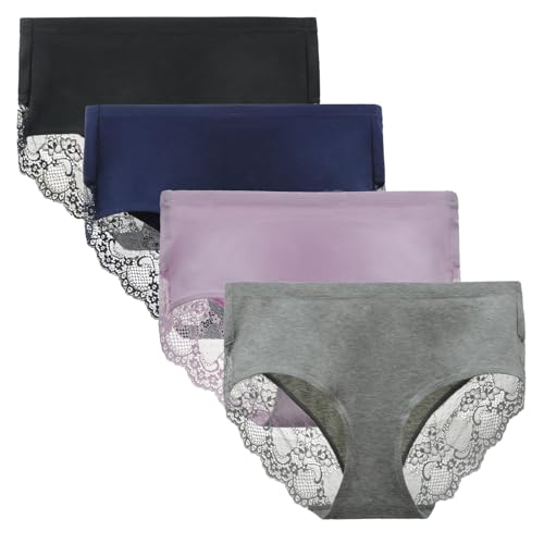 Women's 4 Pack Combed Cotton Breathable High Rise Lace Full Coverage Brief Panty Underwear Black-Navy-Purple-Grey Medium