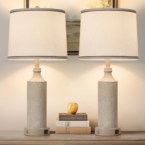 AIDENOEY 27.5" H 3-Way Dimmable Touch Control Table Lamp with USB A+C Ports, Vintage Washed White Finish Resin Bedside Farmhouse Table Lamp Set of 2�