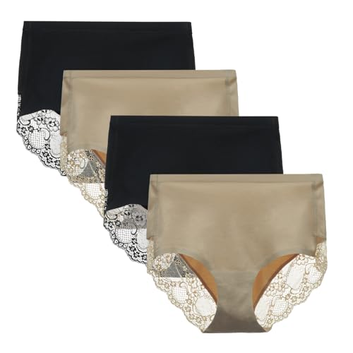 Women's Combed Cotton Lace Full Coverage High Rise Seamless Brief Panty Underwear 4 Pack Large Black-Nude