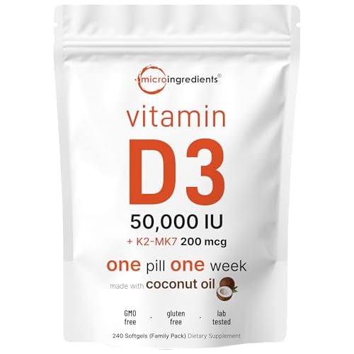 Micro Ingredients Vitamin D3 50,000 IU + K2 MK-7 200 mcg, 240 Softgels | Virgin Coconut Oil | 2-in-1 Bone, Immune & Heart Support | Easy to Swallow, N